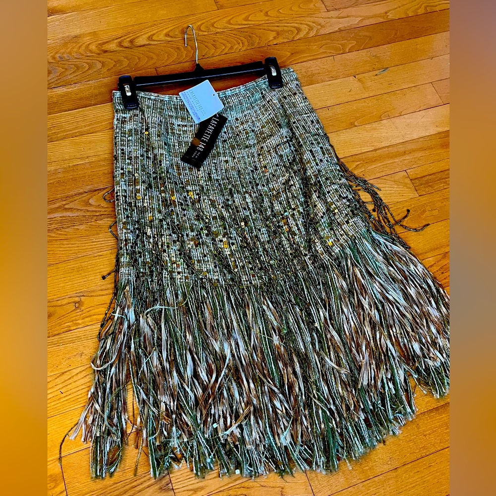 Super fun emerald green and gold beaded fringe skirt, size 6